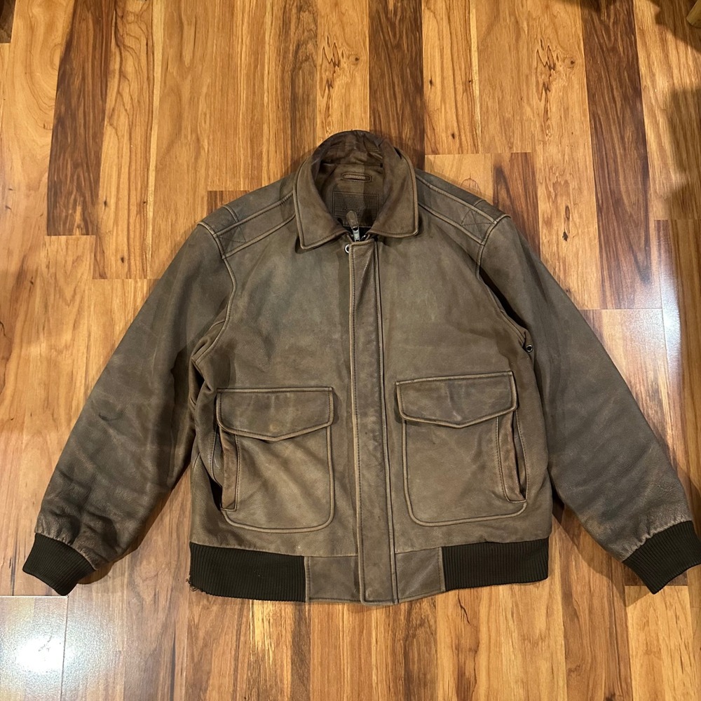 Roundtree & Yorke Mens Brown Leather Bomber Jacket Distressed Flight Coat Large